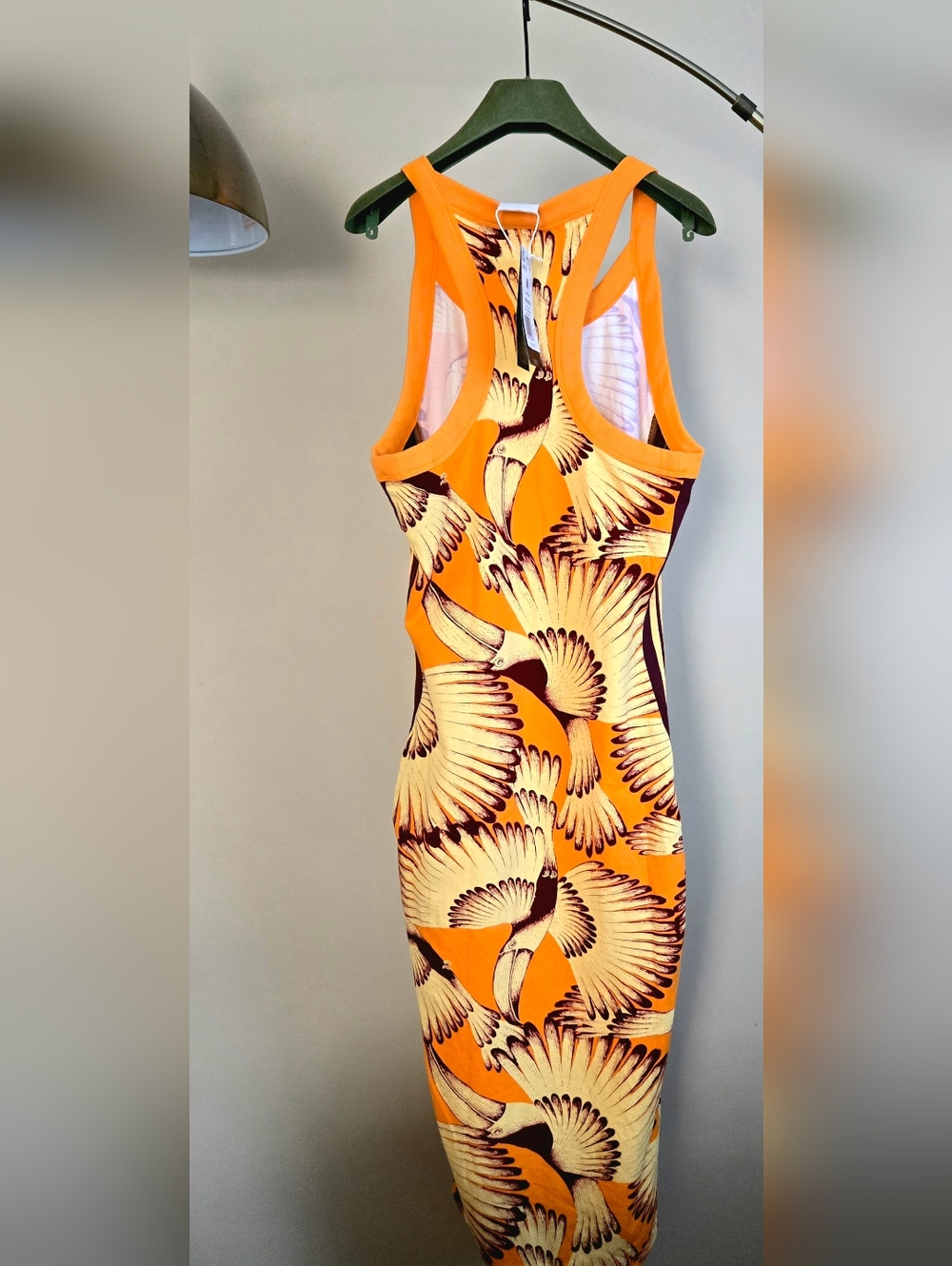 NWT ADIDAS x FARM RIO Orange Graphic Tucan Print Slim Sleeveless Dress Size: M - Picture 2 of 12
